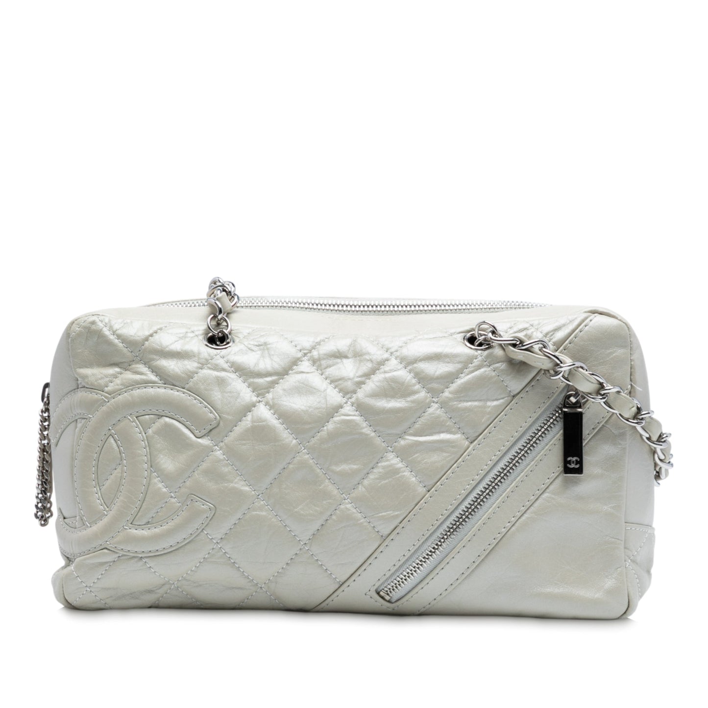 White Chanel Quilted Aged Calfskin Cotton Club Bowler Bag