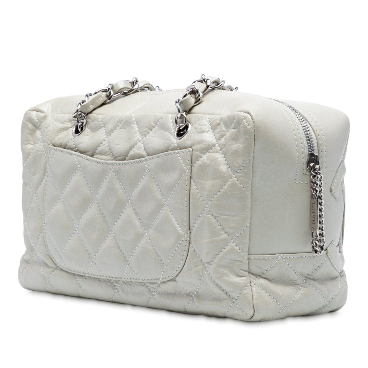 White Chanel Quilted Aged Calfskin Cotton Club Bowler Bag