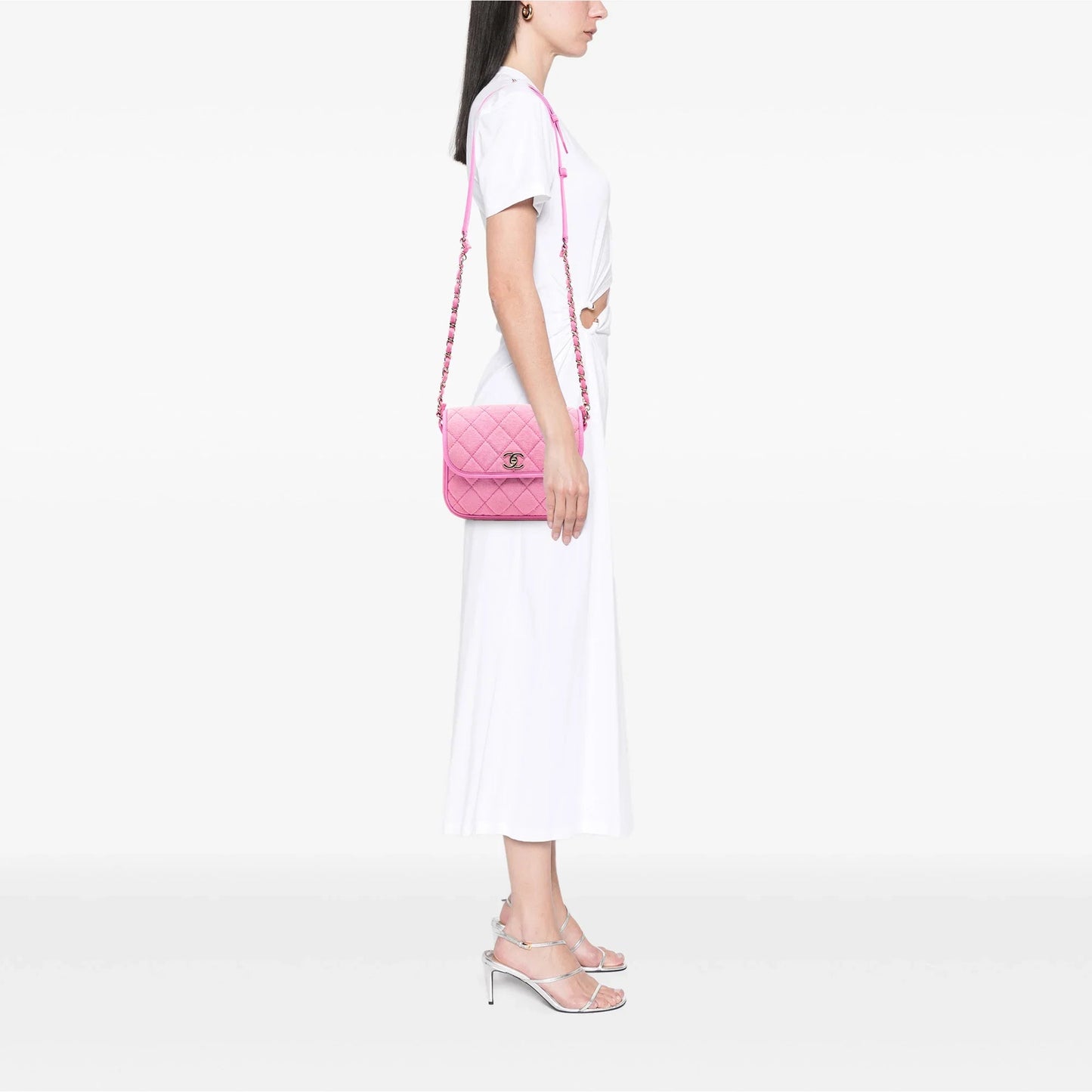 Pink Chanel Small CC Quilted Denim Messenger Flap Crossbody Bag