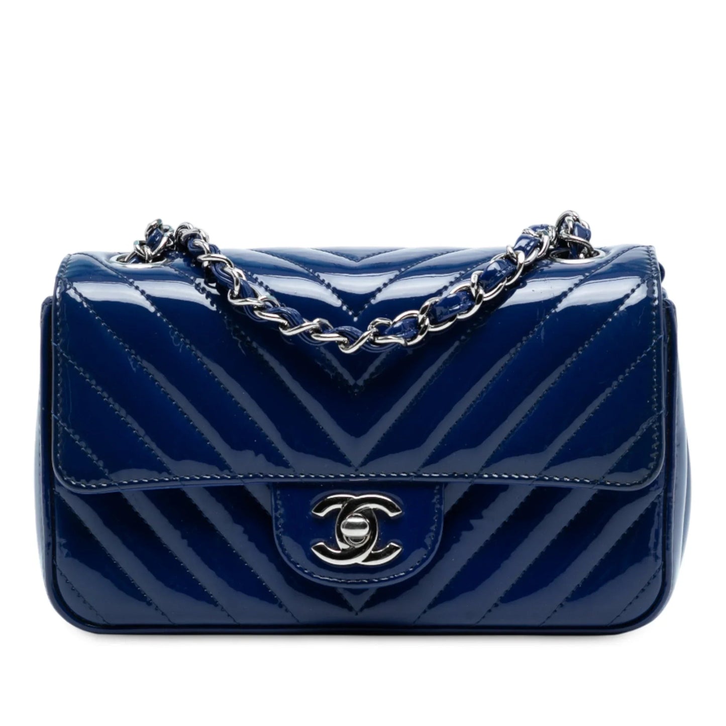 Blue Chanel Mini Rectangular Classic Chevron Patent Single Flap Crossbody Bag