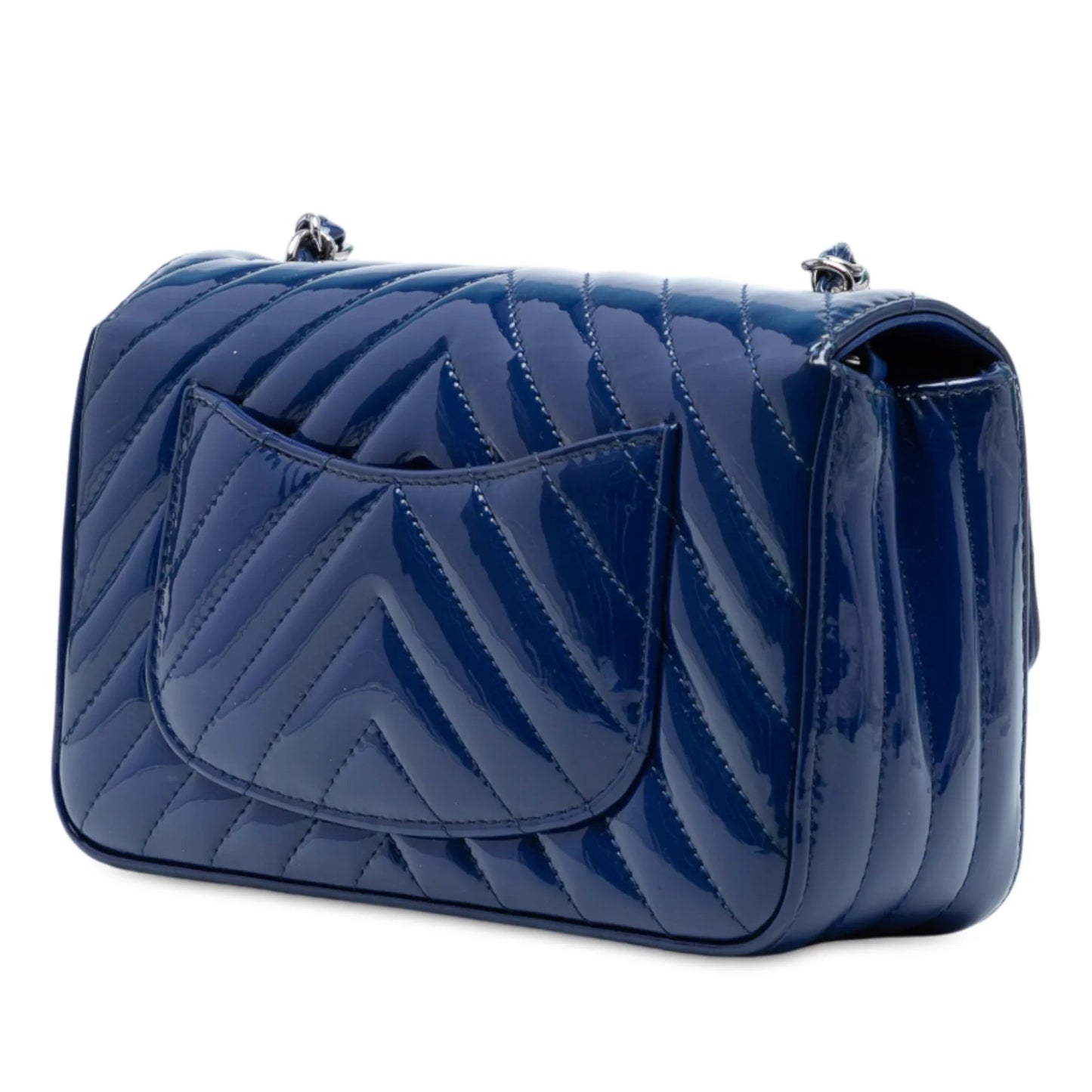 Blue Chanel Mini Rectangular Classic Chevron Patent Single Flap Crossbody Bag