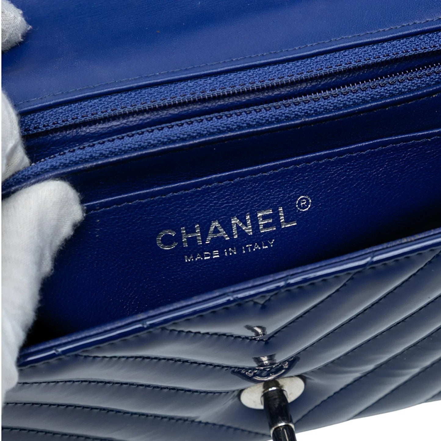Blue Chanel Mini Rectangular Classic Chevron Patent Single Flap Crossbody Bag
