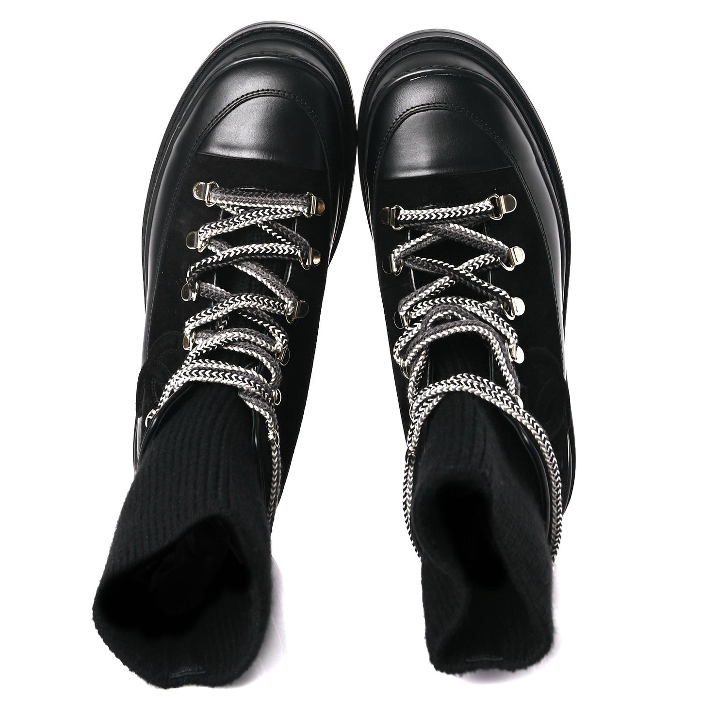 Chanel Suede Knit Womens Sock Lace Up Boots Black