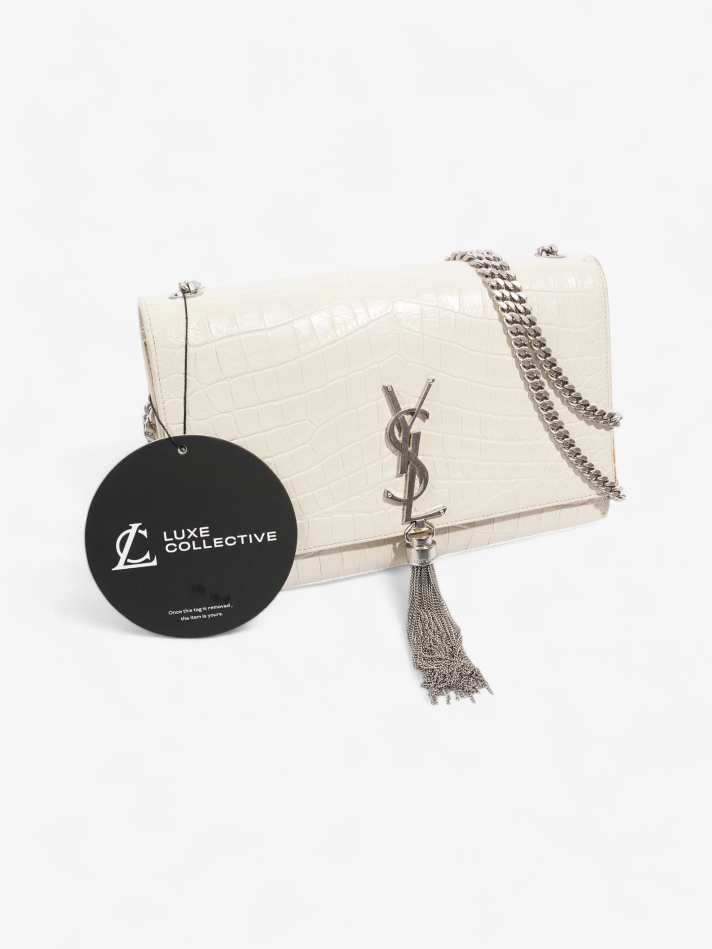 Saint Laurent Kate Tassel Bag White Embossed Leather Medium