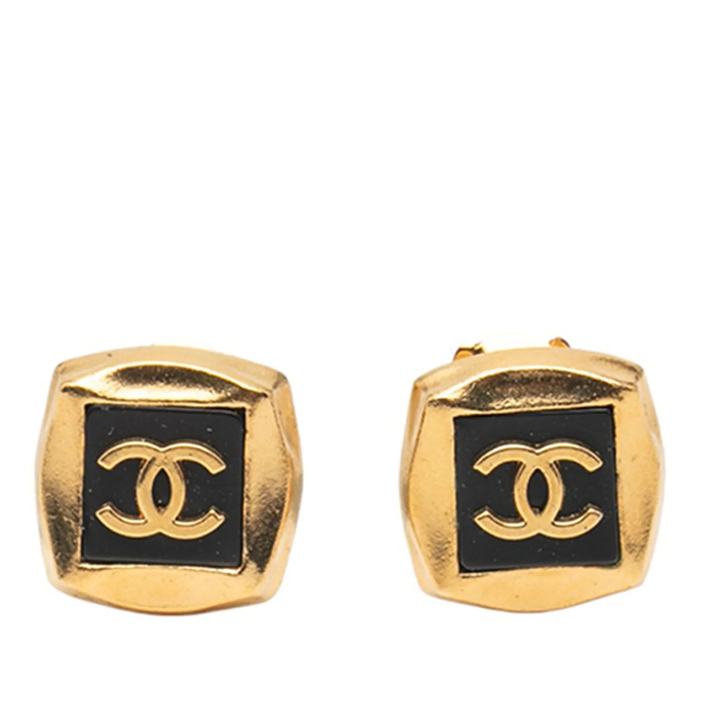 Gold Chanel Gold Plated CC Enamel Square Clip On Earrings