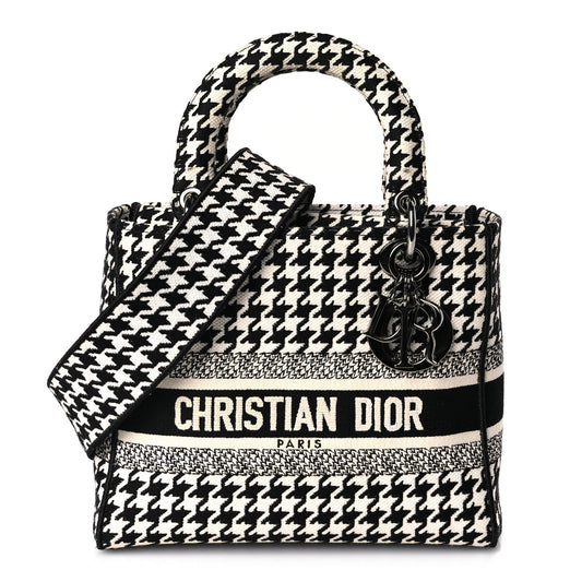 Christian Dior Canvas Houndstooth Embroidered Medium Lady D-Lite Black White