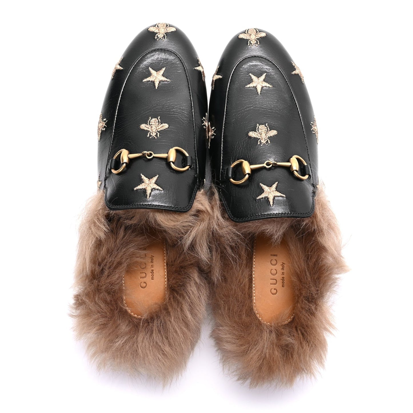 Gucci Goatskin Fur Bee Star Embroidered Womens Princetown Slippers 37