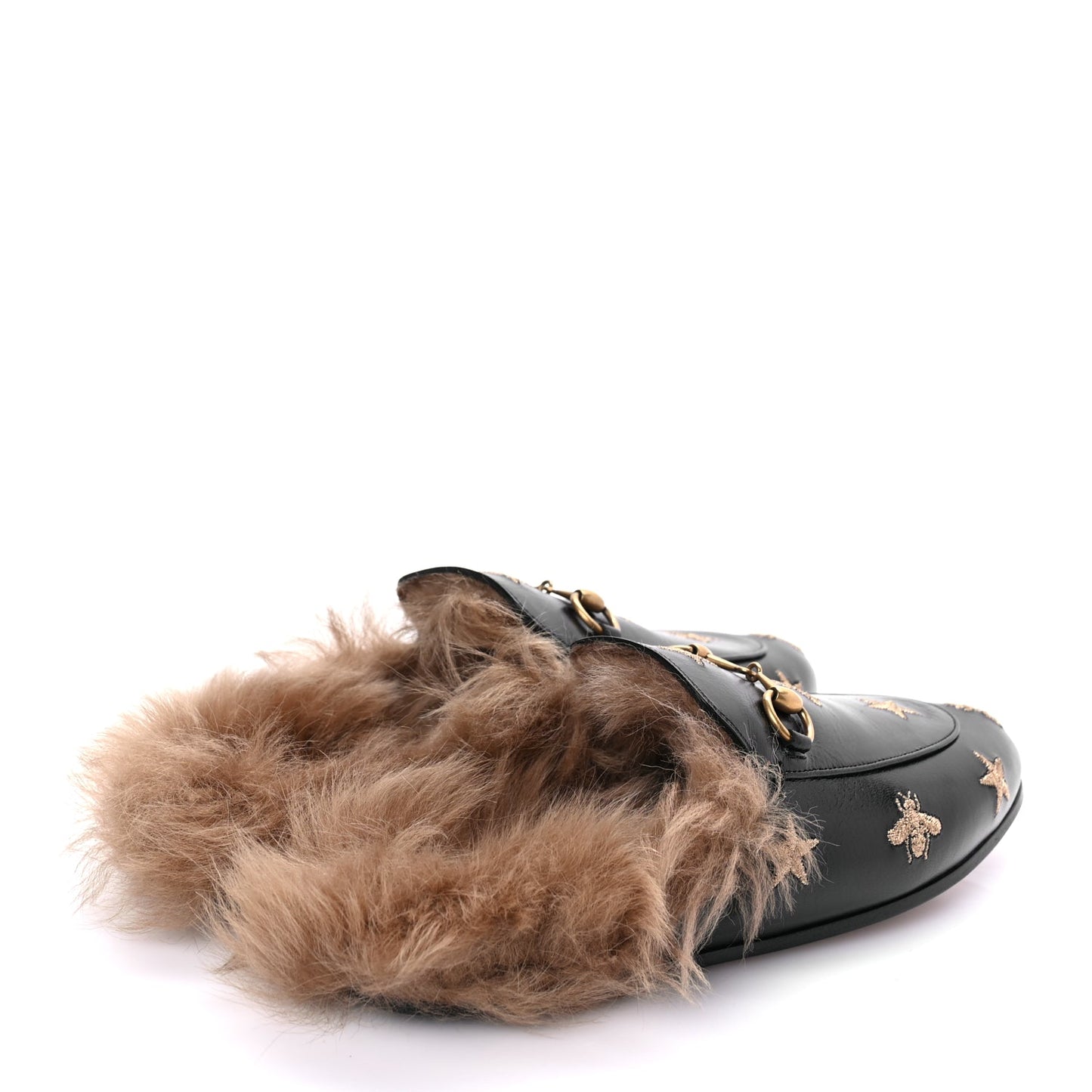 Gucci Goatskin Fur Bee Star Embroidered Womens Princetown Slippers 37
