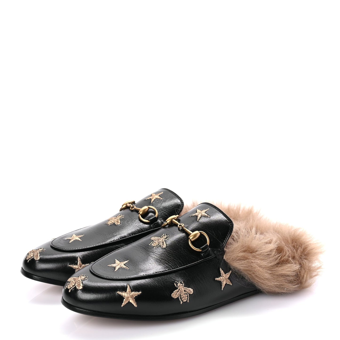 Gucci Goatskin Fur Bee Star Embroidered Womens Princetown Slippers 37