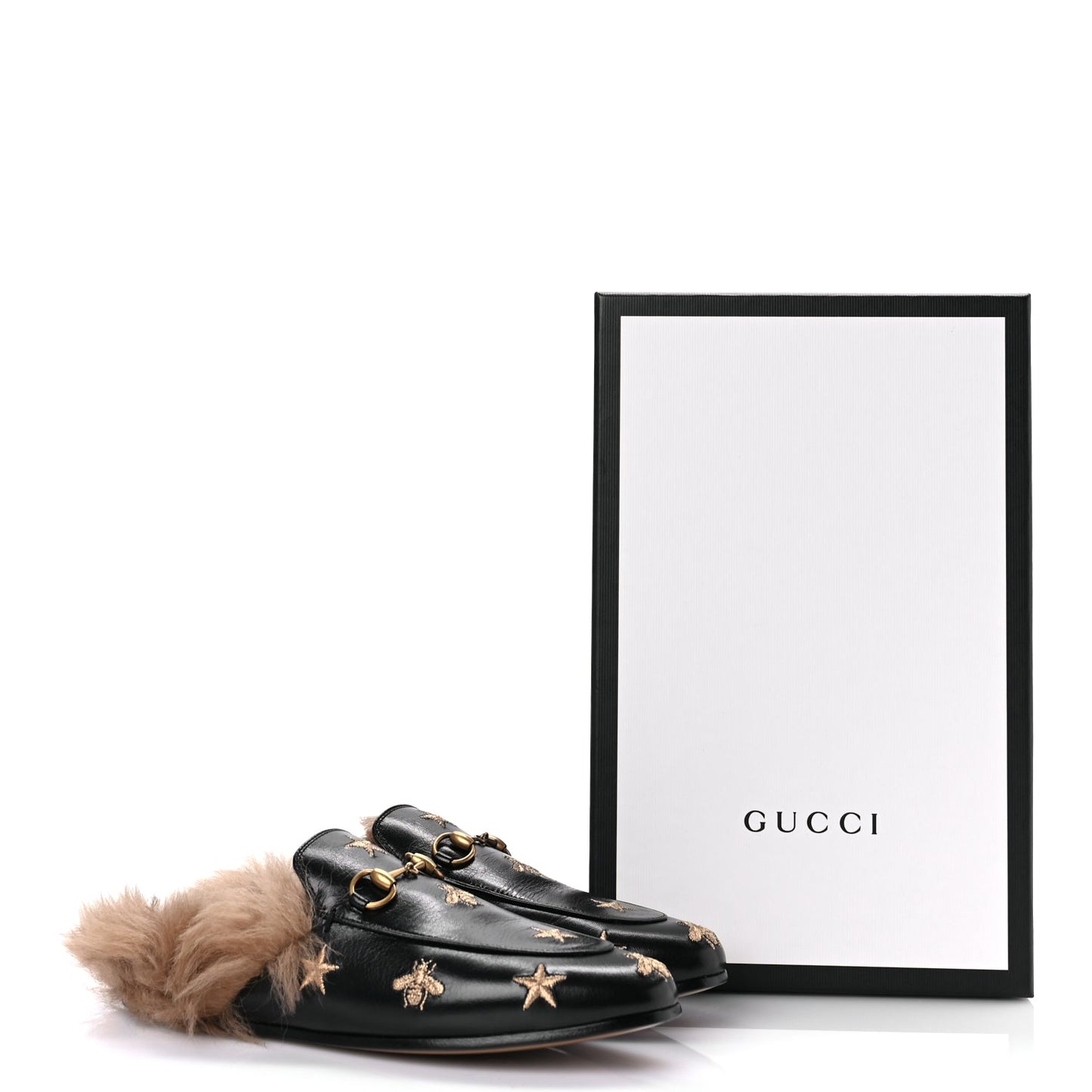 Gucci Goatskin Fur Bee Star Embroidered Womens Princetown Slippers 37