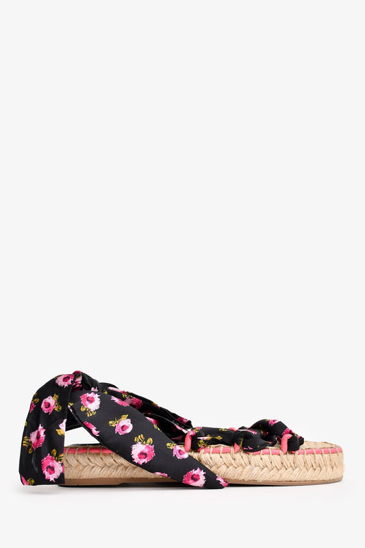 Prada Black/Pink Floral Satin Tie-Up Espadrille Sandals Size 35