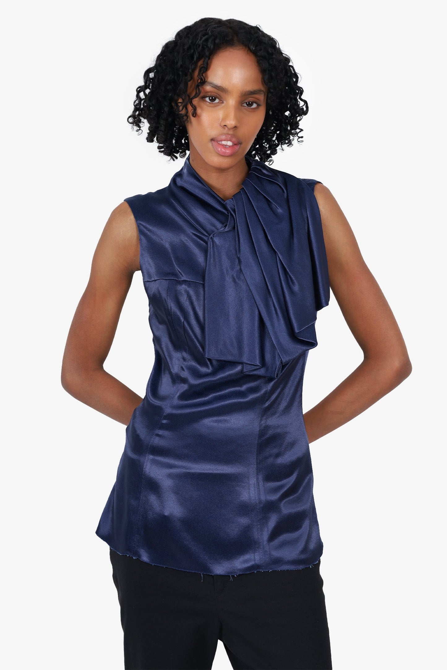Prada Blue Sleeveless Top with Bow detail on Collar Size 38