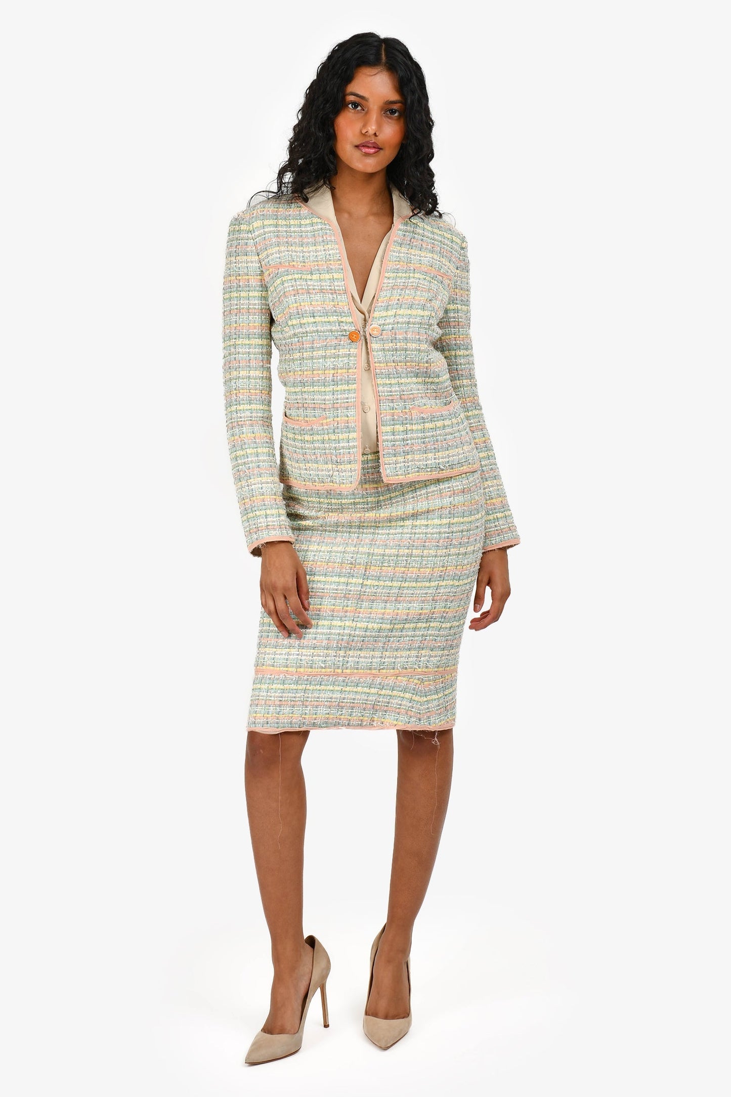 Pre-Loved Chanel™ 05P Pink/Green Tweed Jacket with Midi Skirt Set Size 36