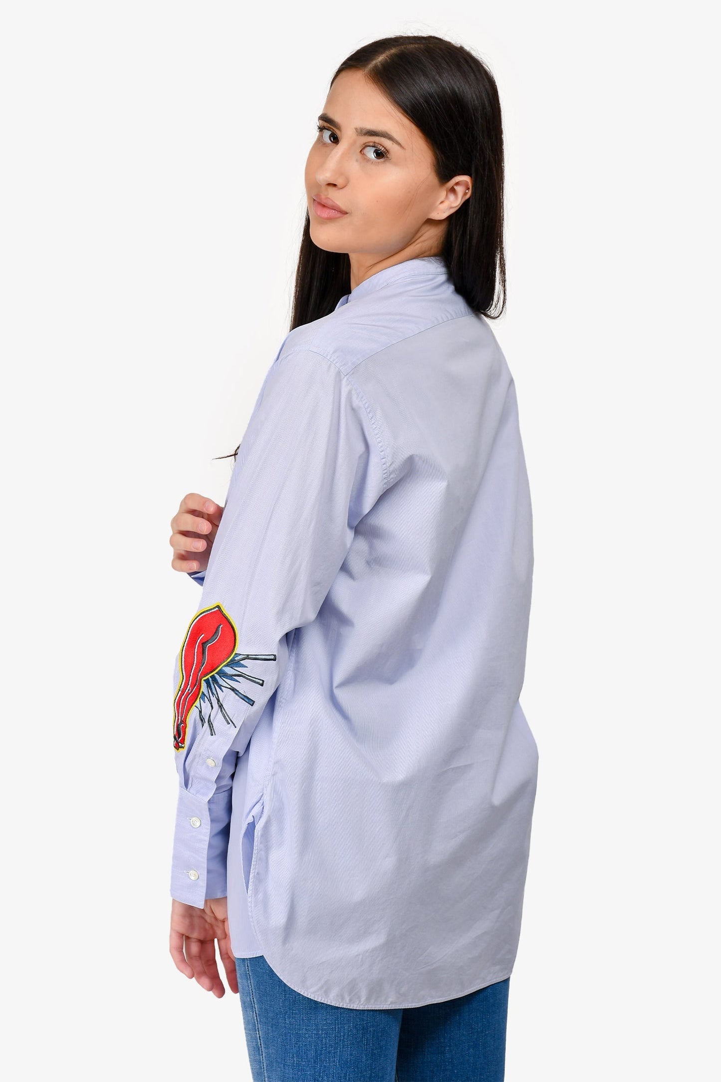 Celine Blue Embroidered Button Up Top Size 36