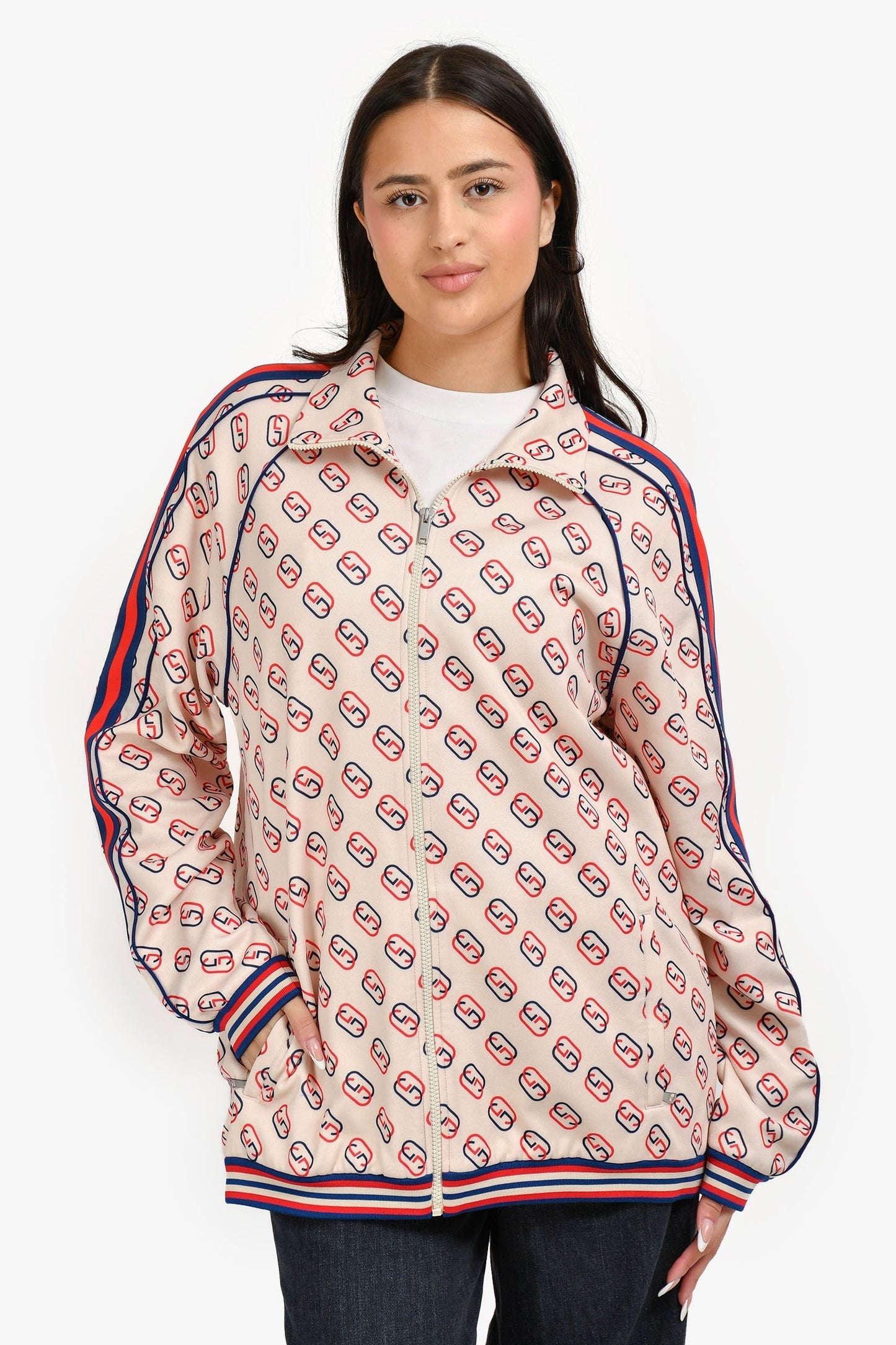 Gucci Cream Printed Web Zip-Up Track Jacket Size L Mens