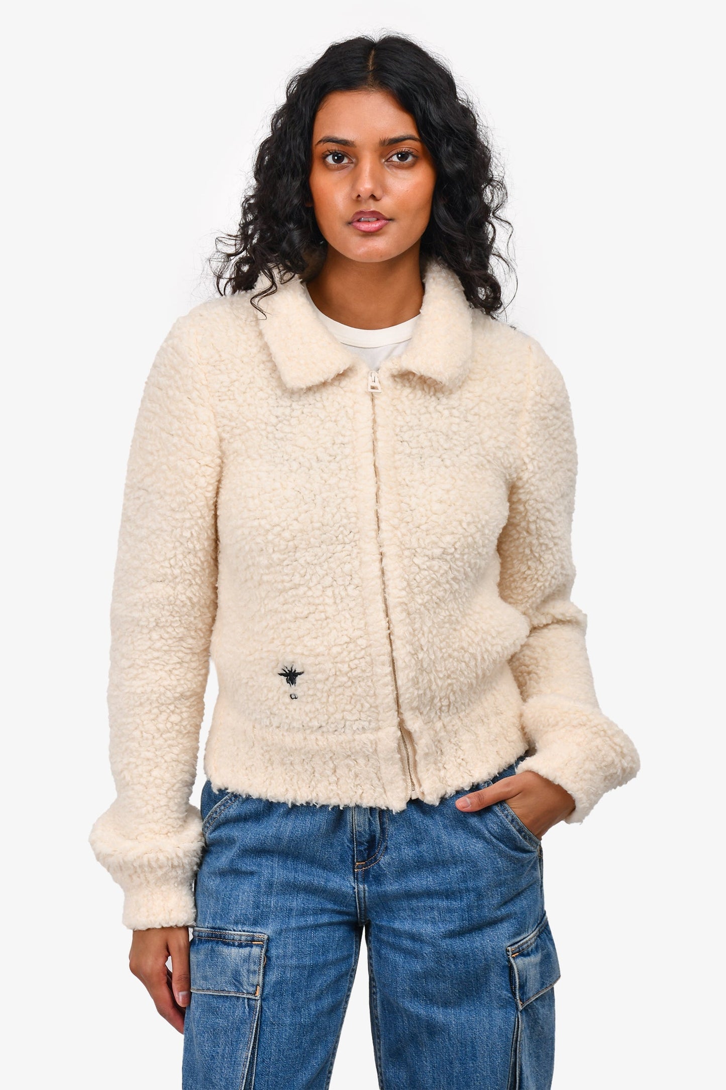 Christian Dior Cream Teddy Wool Zip Jacket Size 4