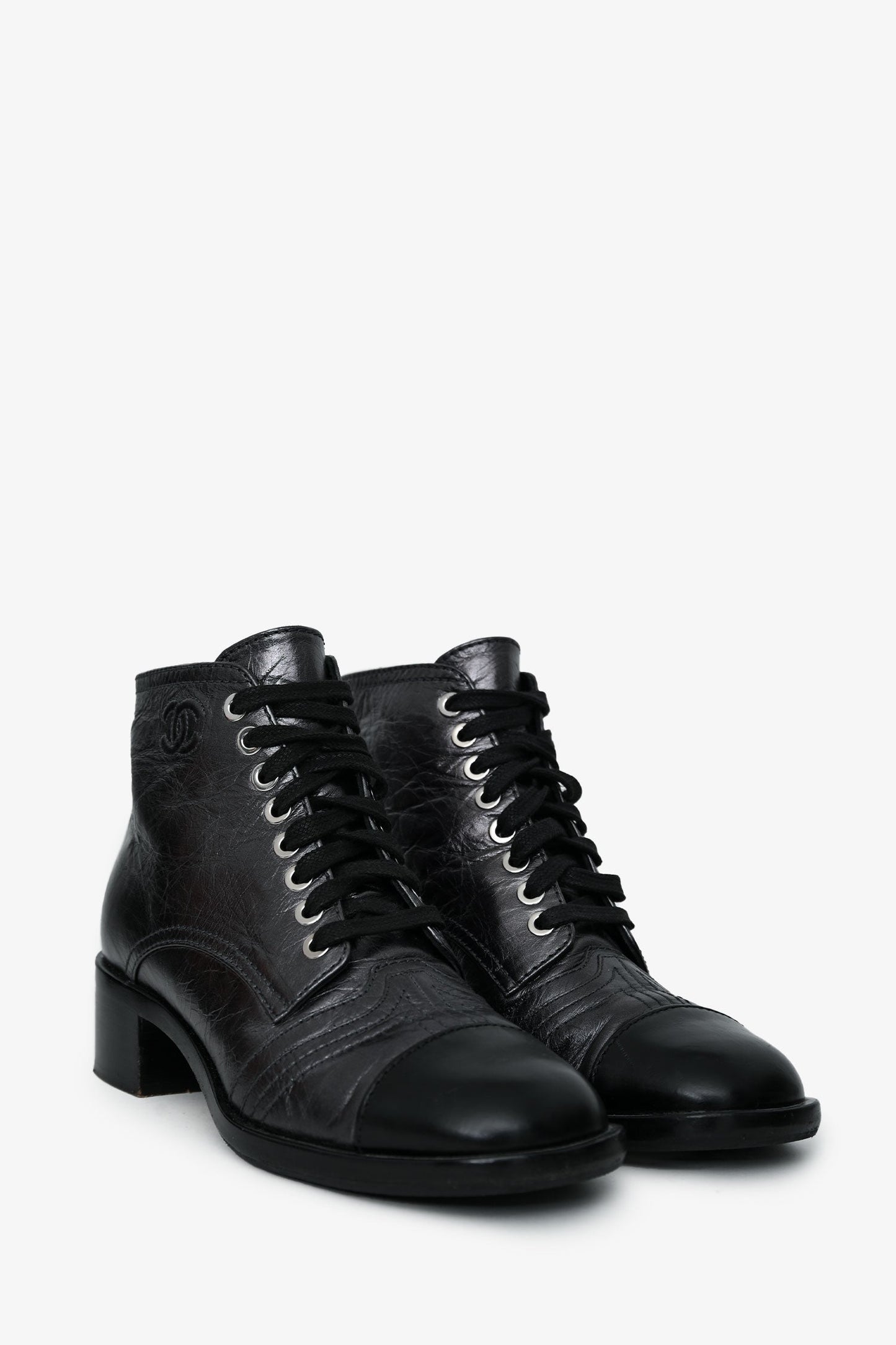 Pre-Loved Chanel™ Black Leather CC Ankle Boots Size 35