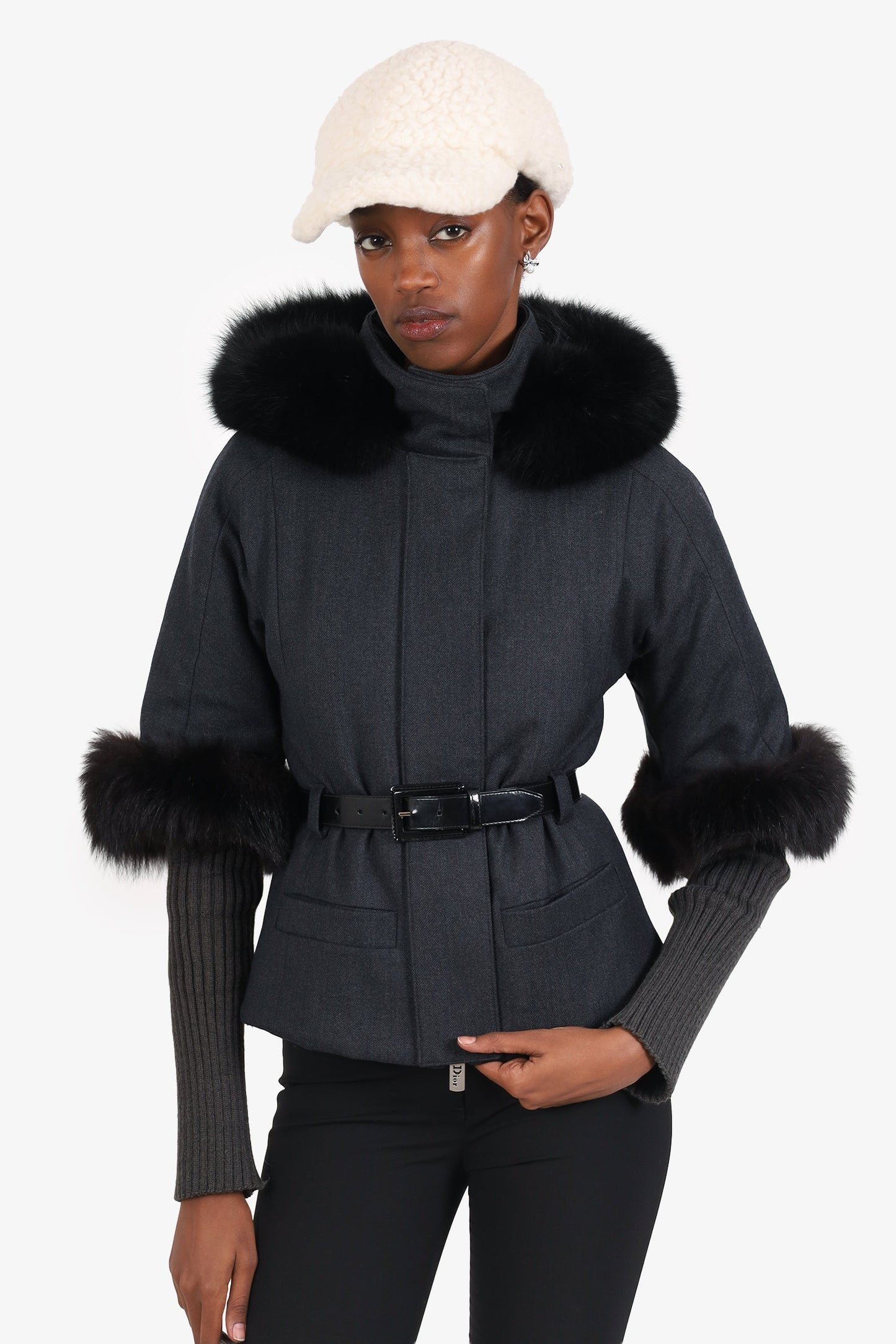 Christian Dior Grey Wool Fox Fur Trimmed Belted Jacket Size 2