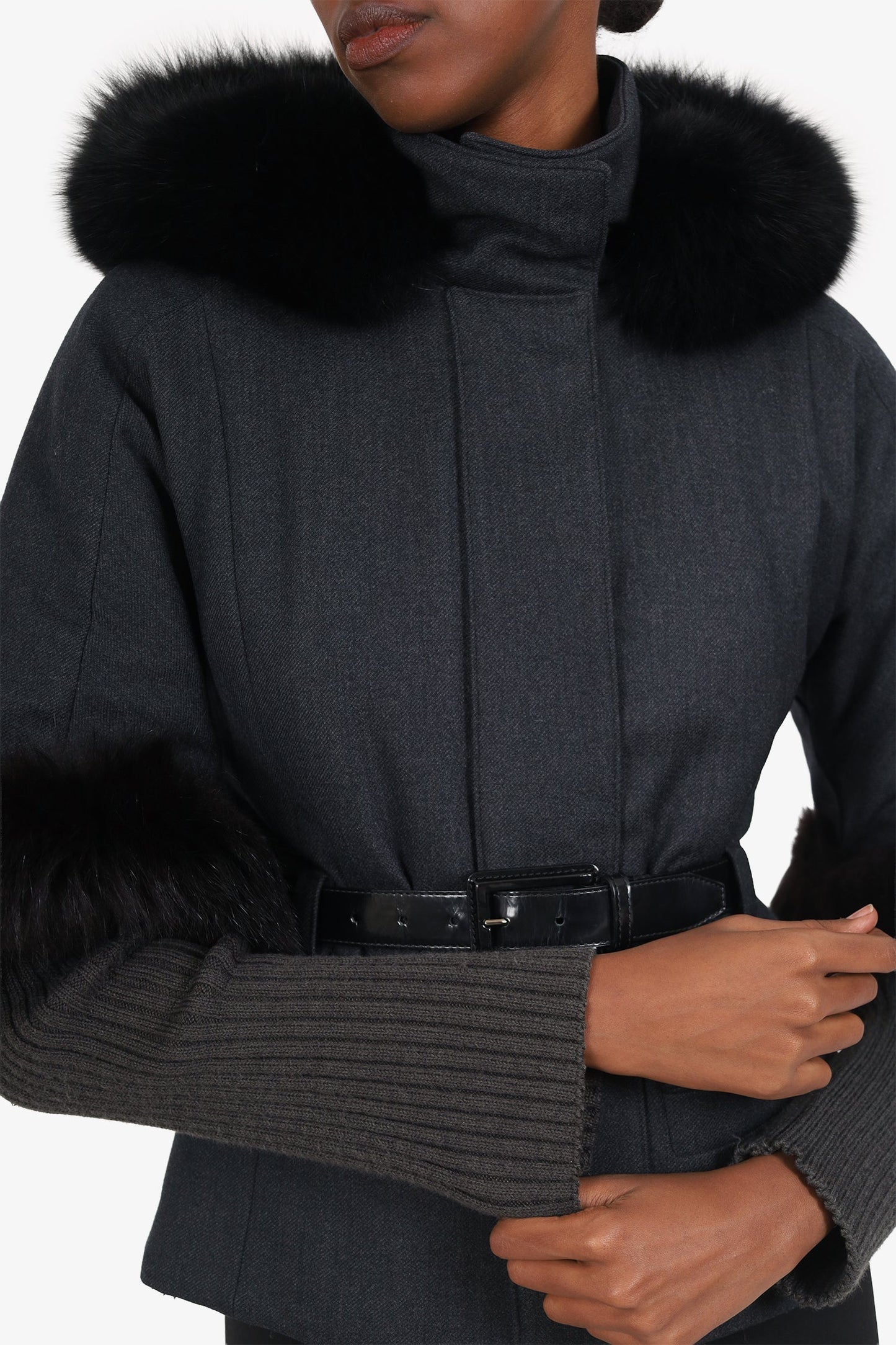 Christian Dior Grey Wool Fox Fur Trimmed Belted Jacket Size 2