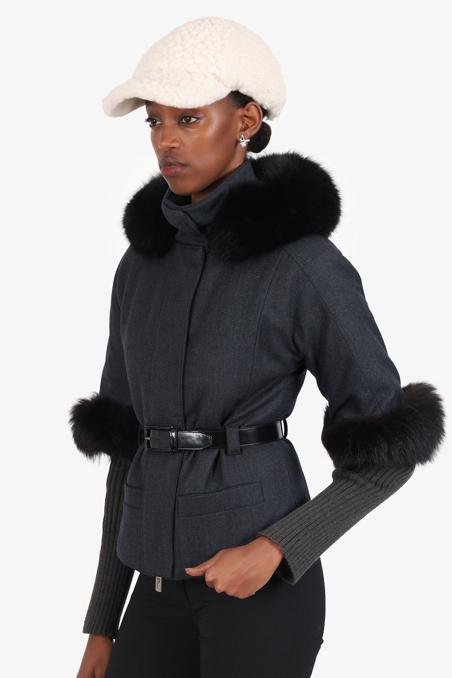 Christian Dior Grey Wool Fox Fur Trimmed Belted Jacket Size 2