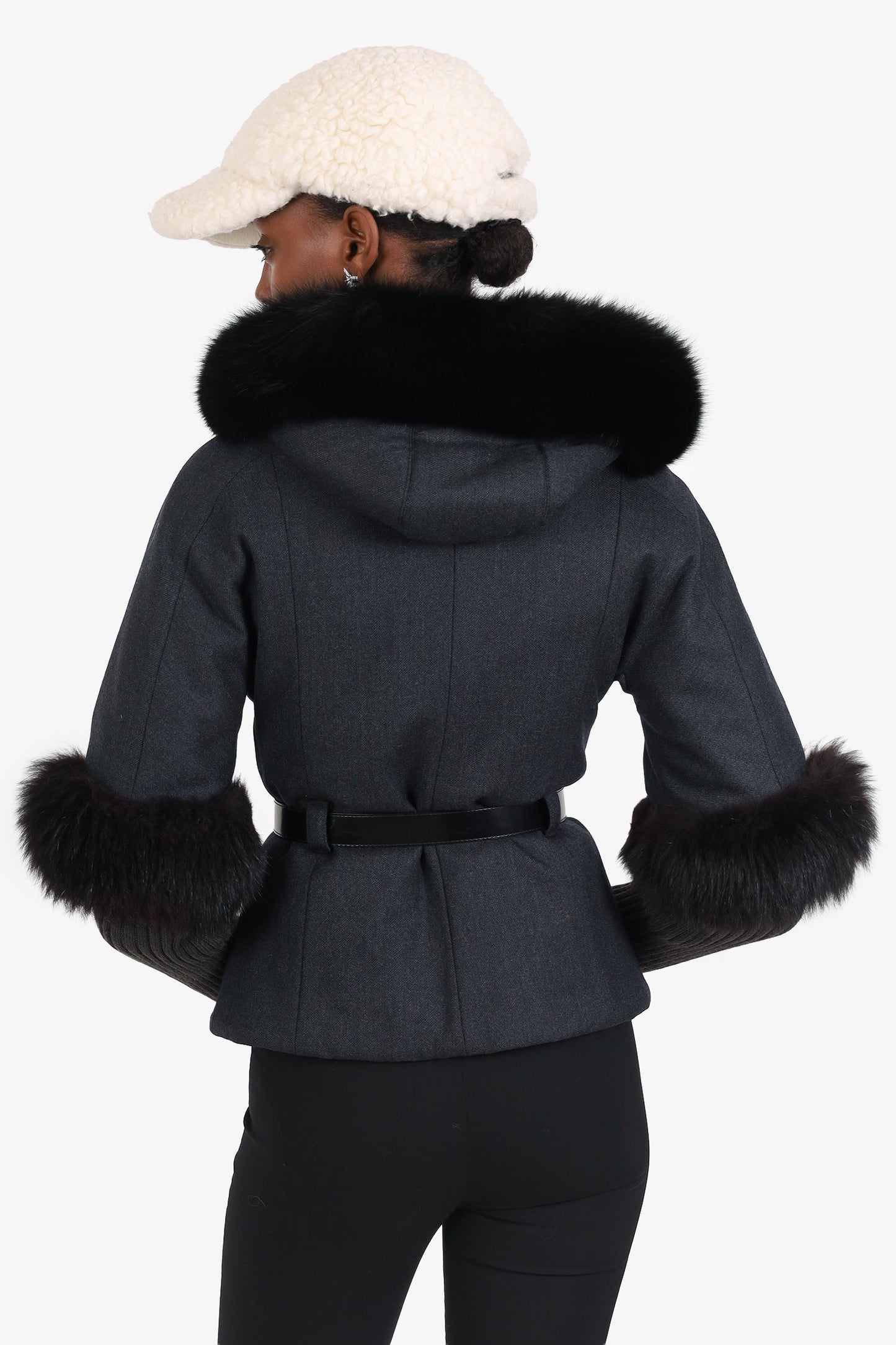 Christian Dior Grey Wool Fox Fur Trimmed Belted Jacket Size 2