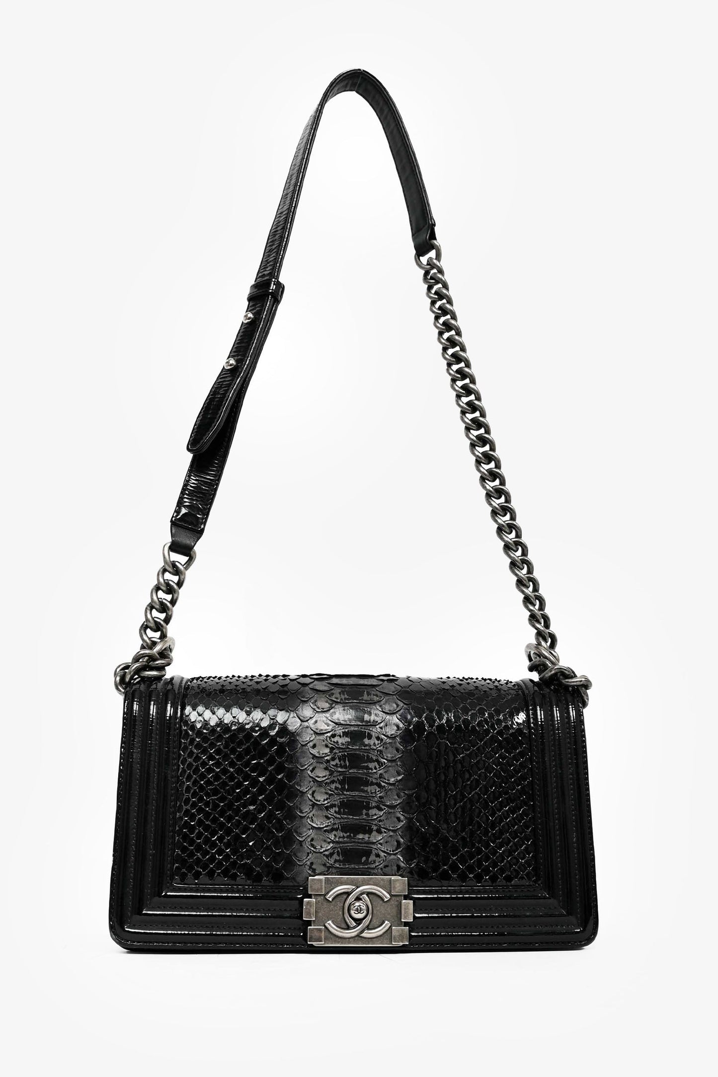 Pre-Loved Chanel™ 2014-15 Black/Grey Python Medium Boy Bag