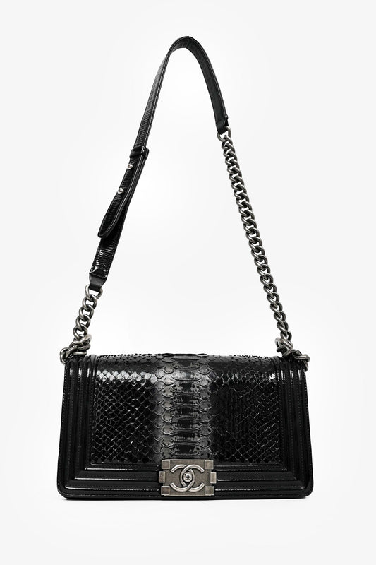 Pre-Loved Chanel™ 2014-15 Black/Grey Python Medium Boy Bag