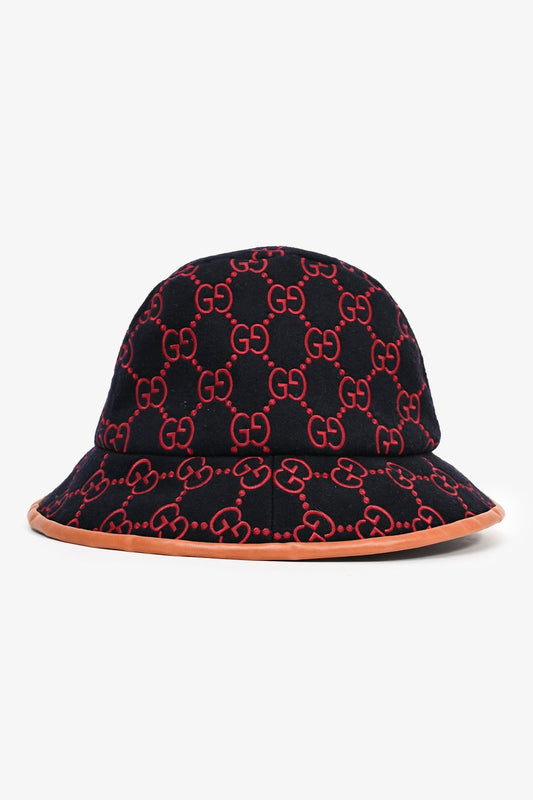 Gucci Navy/Burgundy GG Monogram Leather Trimmed Bucket Hat