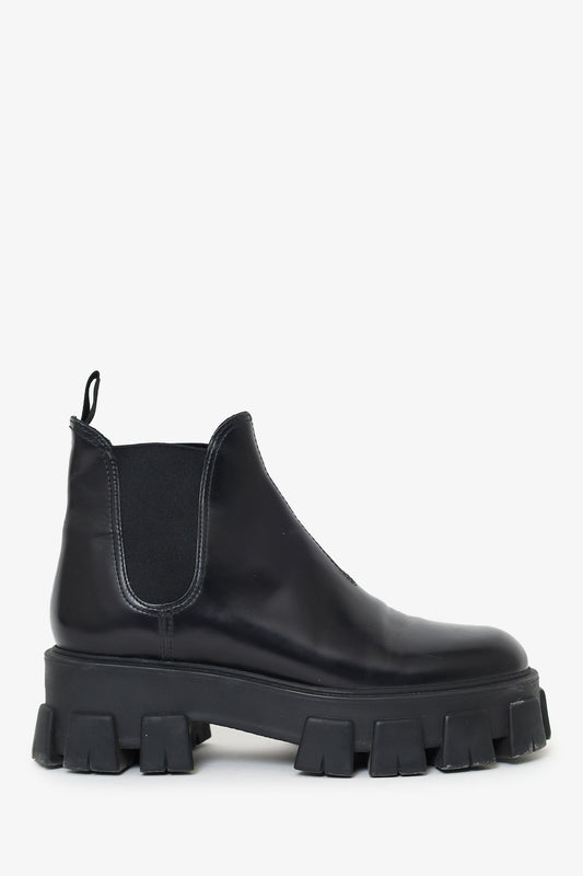 Prada Black Leather Monolith Lug Sole Chelsea Boots Size 38