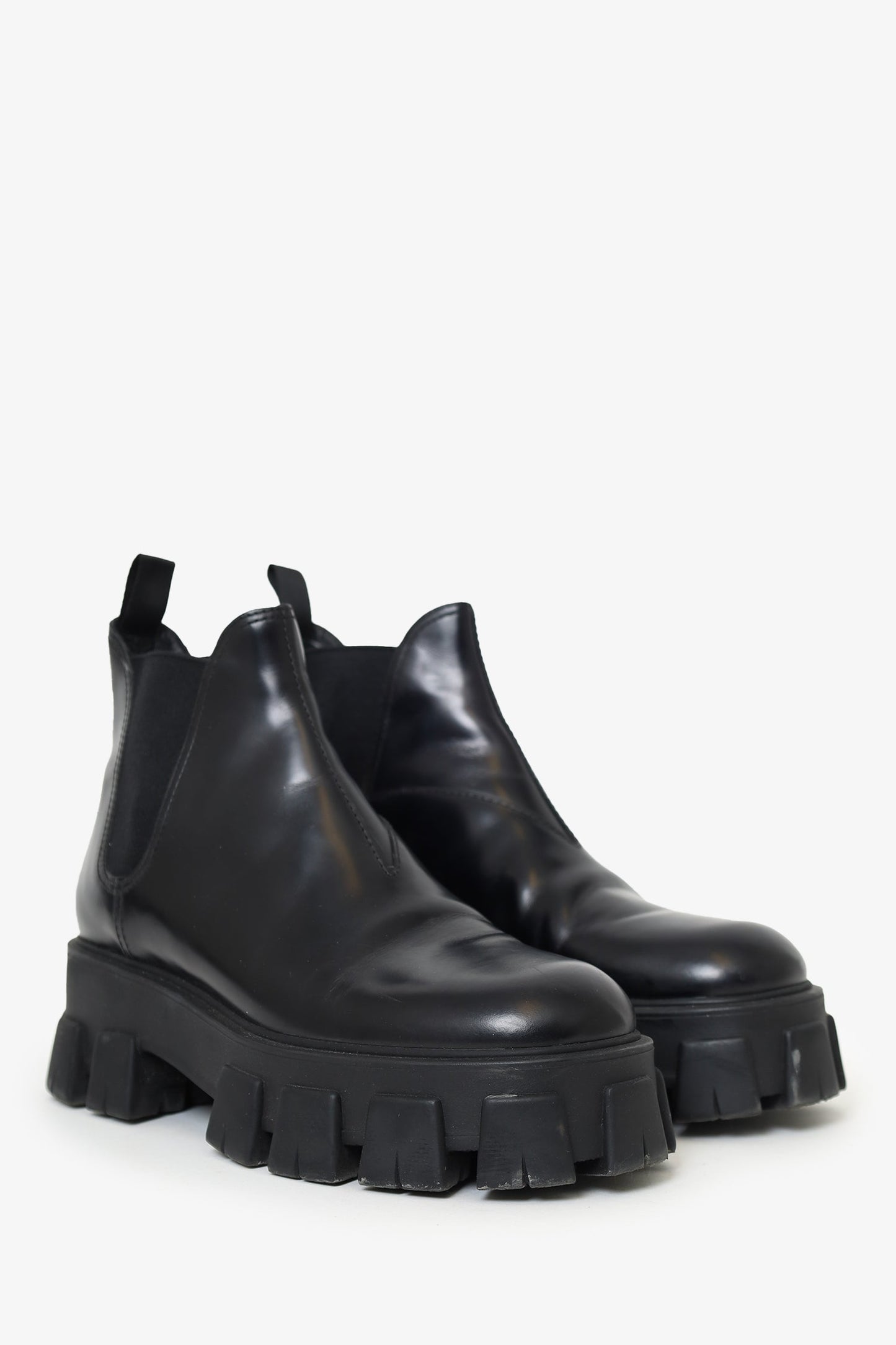 Prada Black Leather Monolith Lug Sole Chelsea Boots Size 38