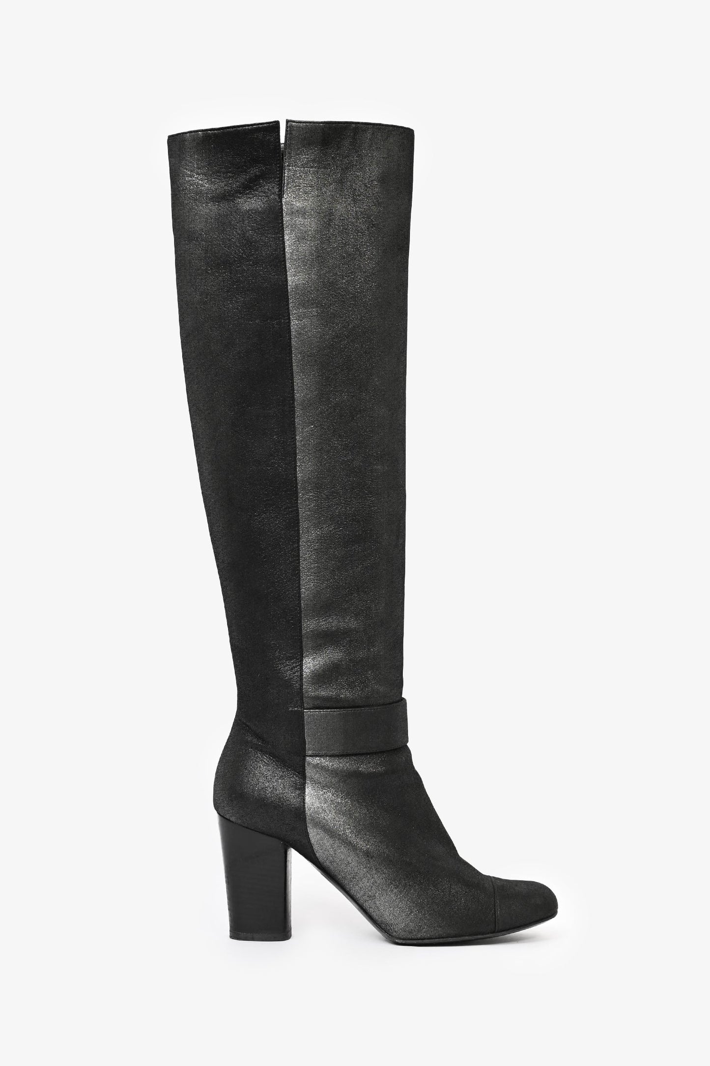 Pre-Loved Chanel™ Metallic Black Suede High Knee Heeled Boots Size 39.5