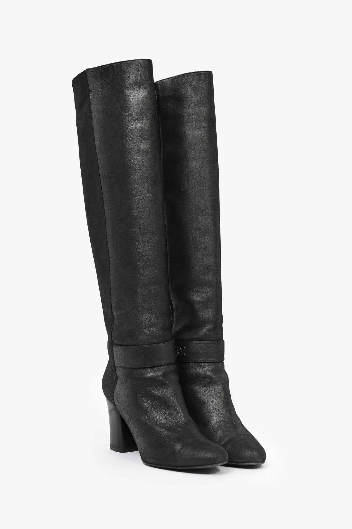 Pre-Loved Chanel™ Metallic Black Suede High Knee Heeled Boots Size 39.5
