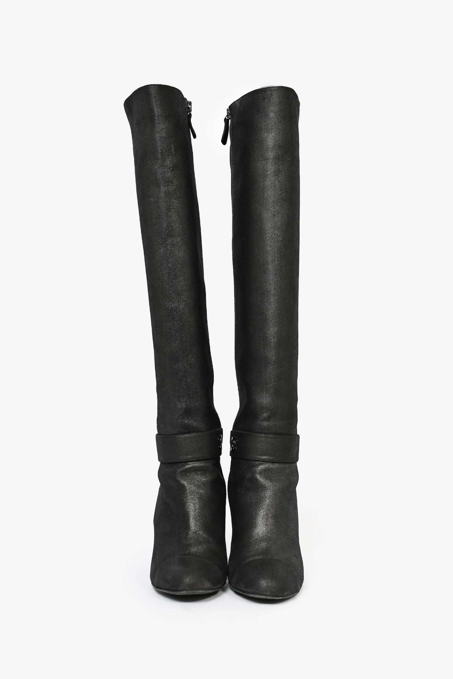 Pre-Loved Chanel™ Metallic Black Suede High Knee Heeled Boots Size 39.5