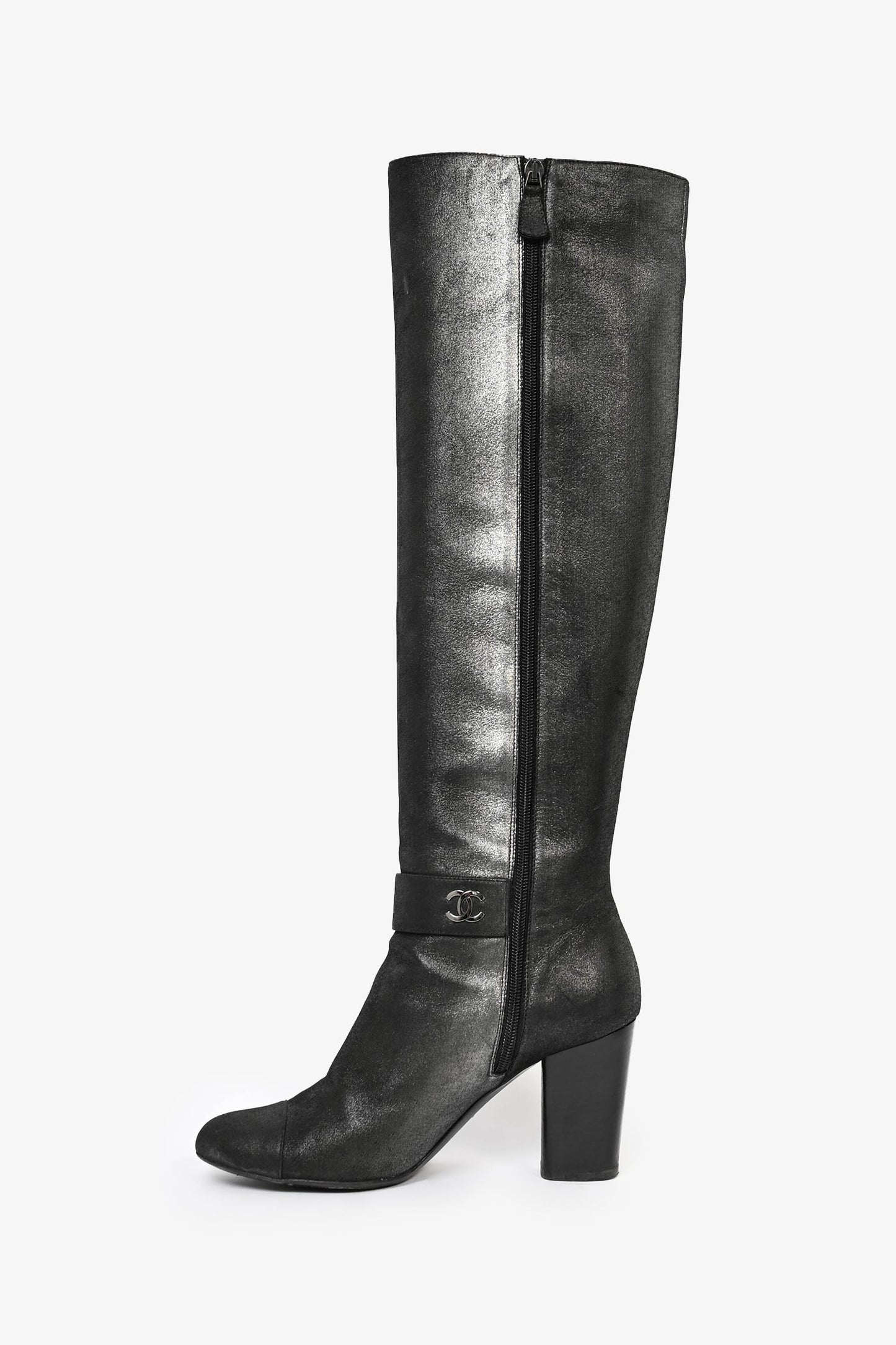 Pre-Loved Chanel™ Metallic Black Suede High Knee Heeled Boots Size 39.5