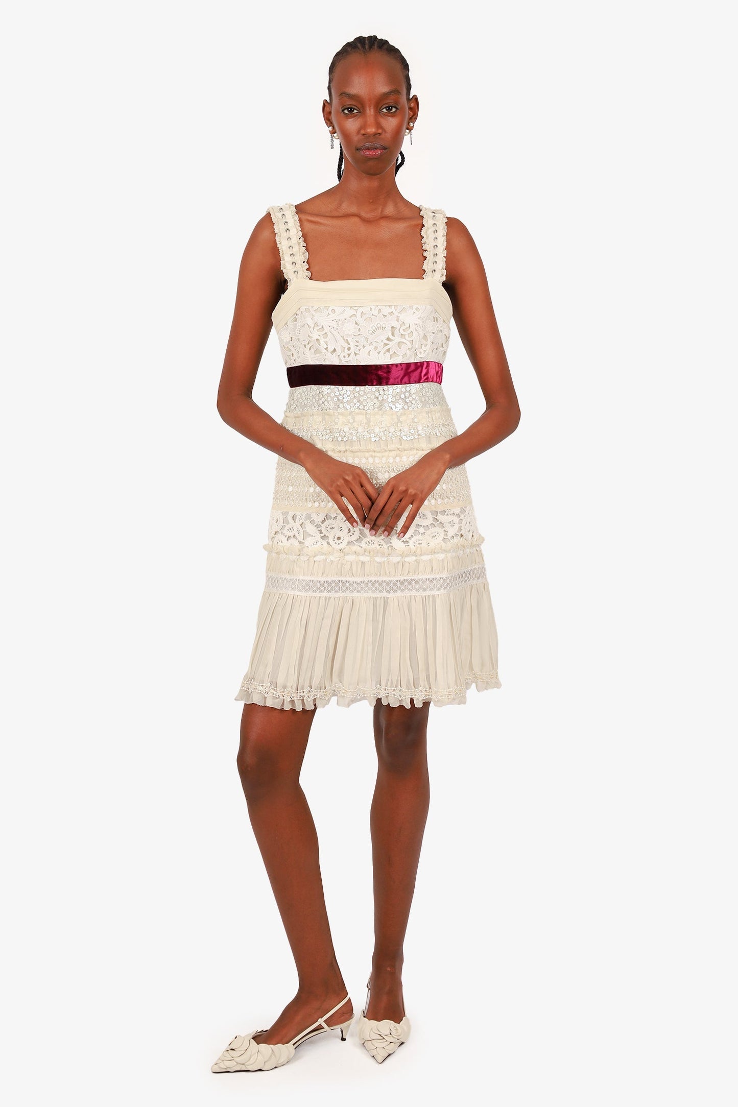 Louis Vuitton Ivory/Purple Silk Velvet Belted Lace Dress Size 38