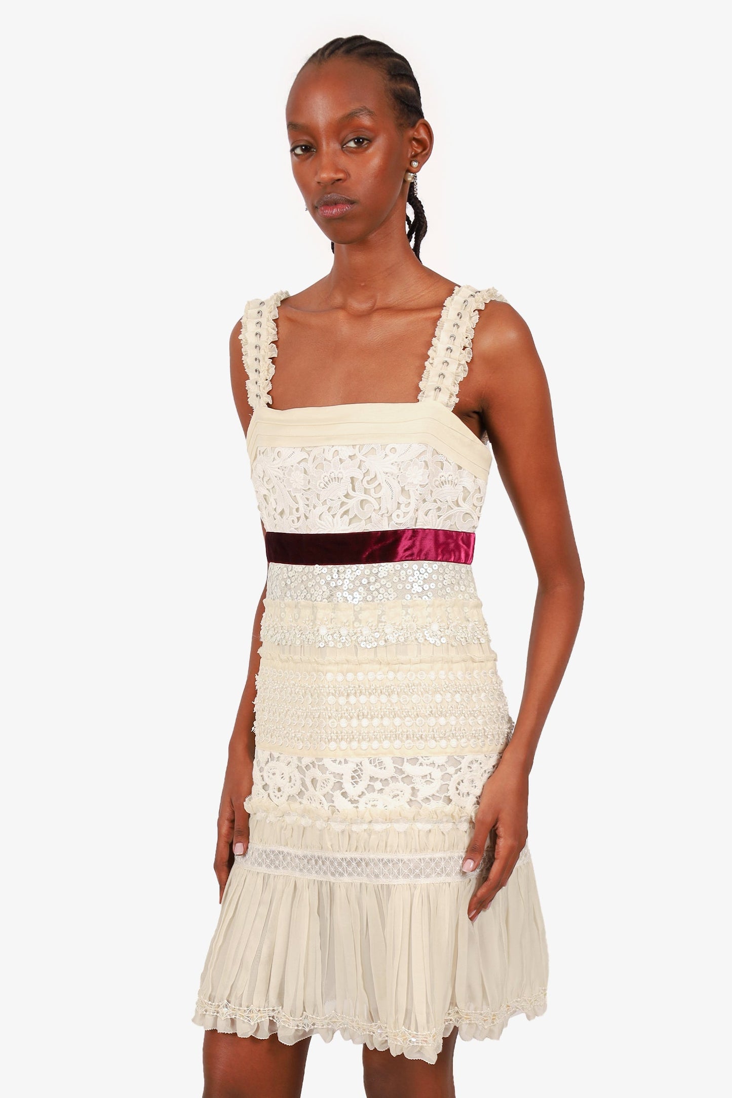 Louis Vuitton Ivory/Purple Silk Velvet Belted Lace Dress Size 38