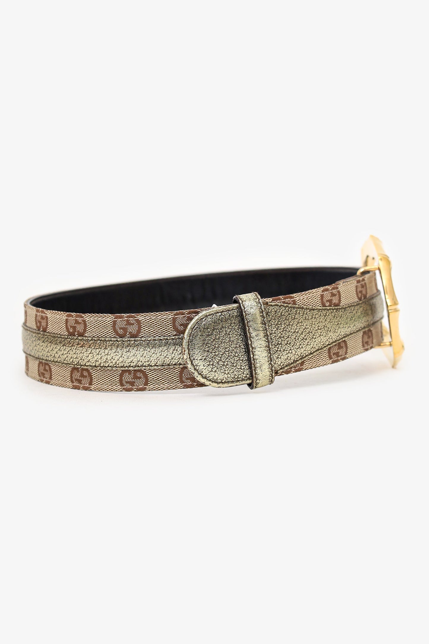Gucci GG Canvas & Metallic Gold Leather Bamboo Buckle Belt