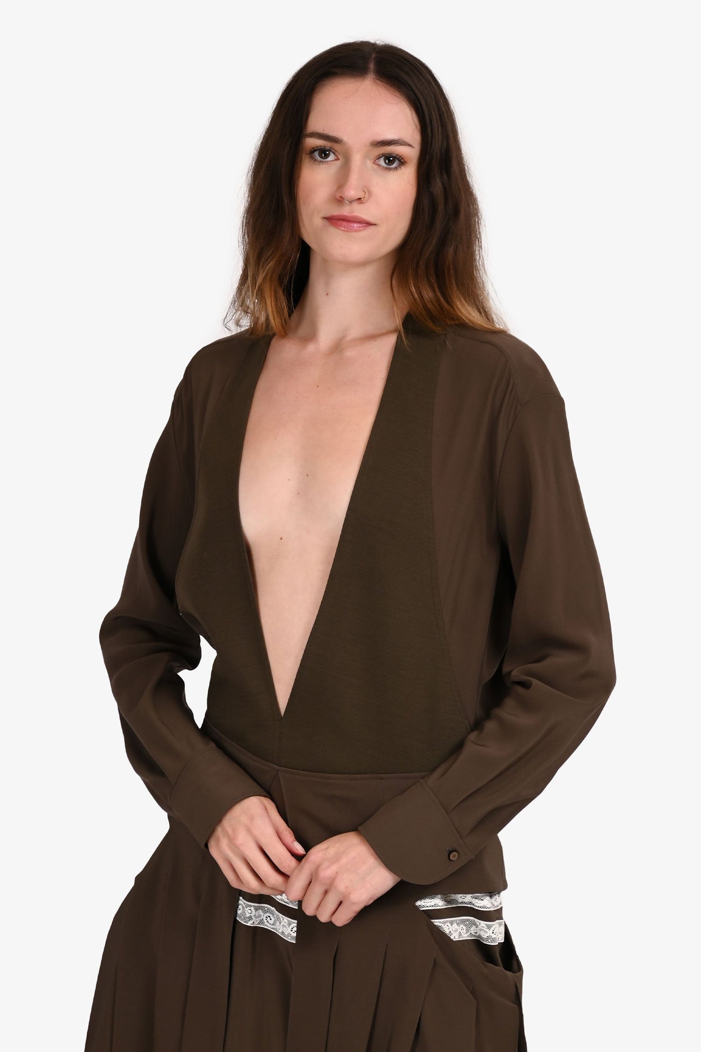 Chloe Green Silk Deep V Long Sleeve Pleated Lace Detail Dress Size 36