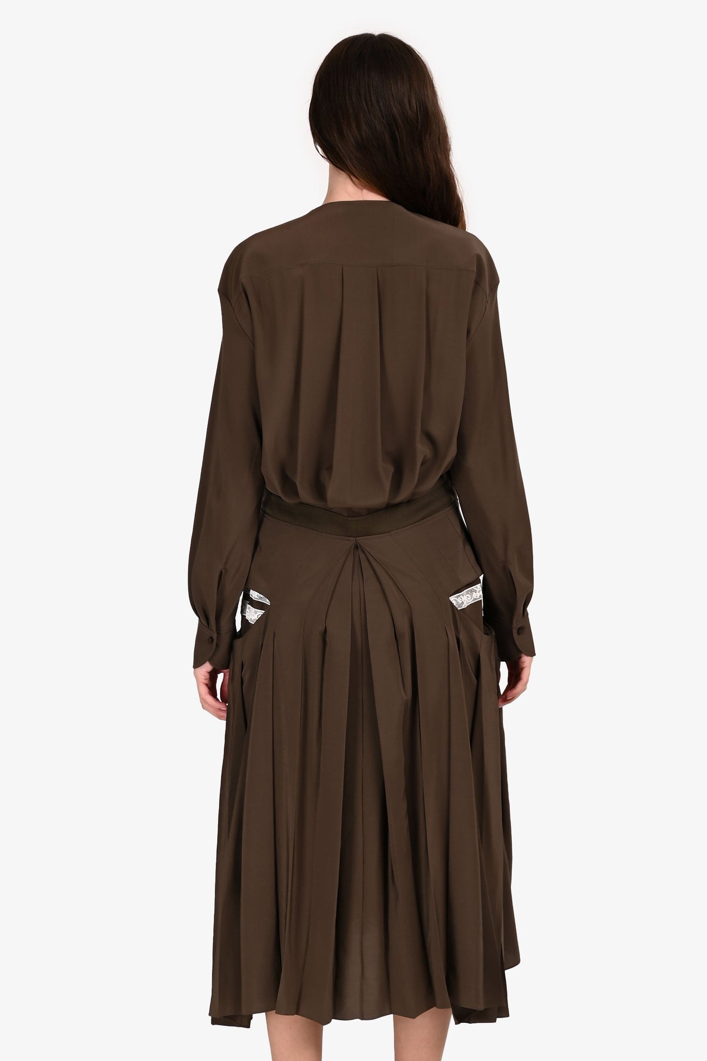 Chloe Green Silk Deep V Long Sleeve Pleated Lace Detail Dress Size 36