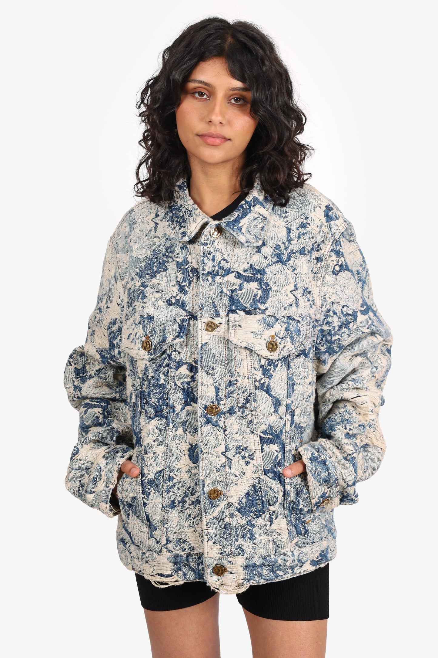 Louis Vuitton 2022 Blue Distressed Denim Floral Tapestry Denim Jacket Size 50 Mens