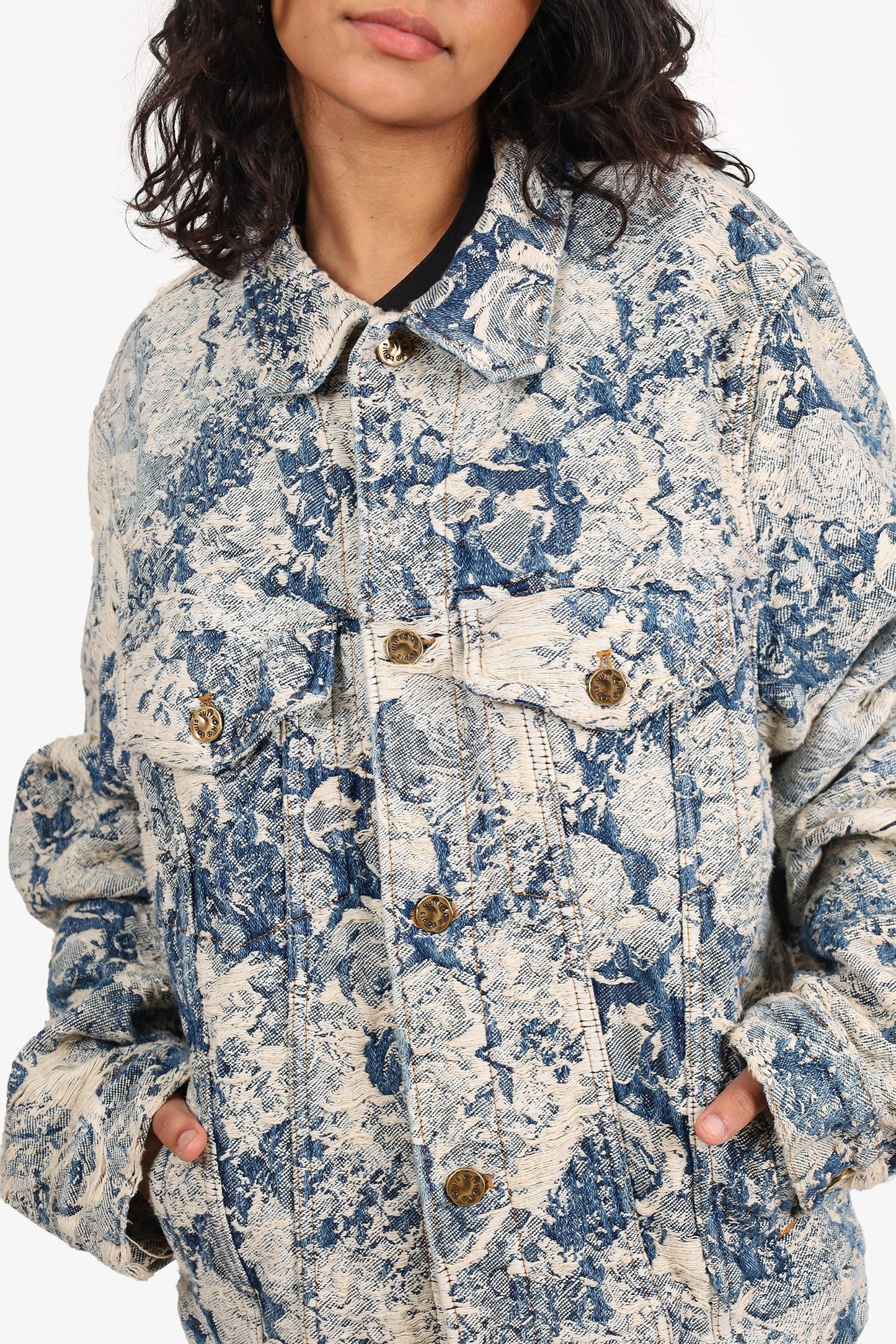 Louis Vuitton 2022 Blue Distressed Denim Floral Tapestry Denim Jacket Size 50 Mens