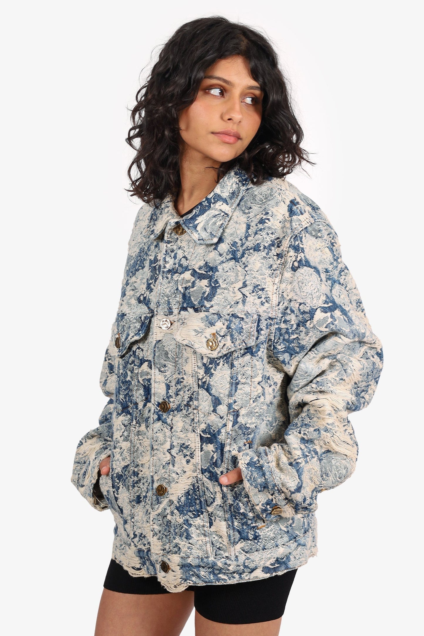 Louis Vuitton 2022 Blue Distressed Denim Floral Tapestry Denim Jacket Size 50 Mens