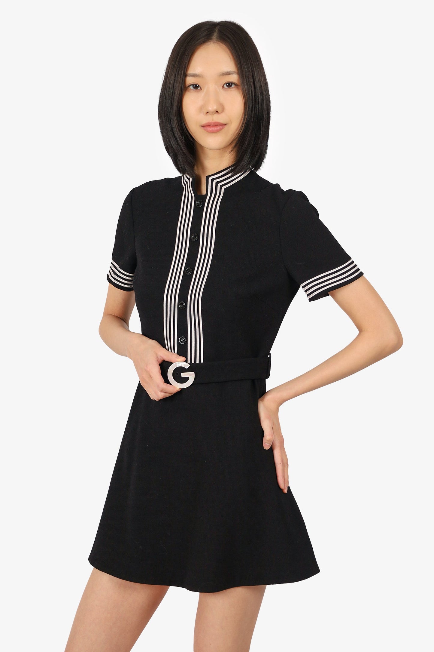 Gucci Black Wool Collared G Belted A-Line Mini Dress Size 42