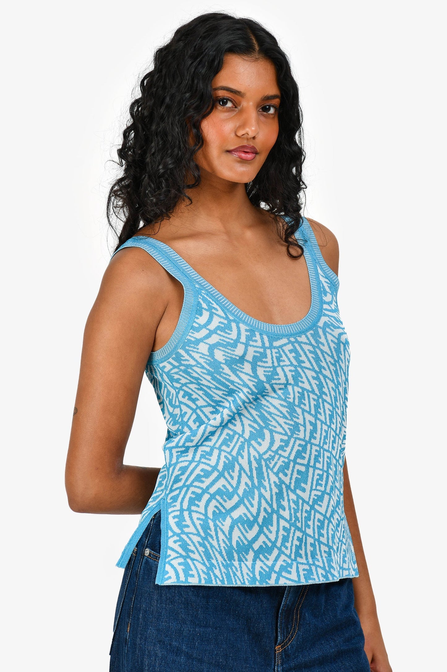 Fendi Blue Logo Scoop Neck Sleeveless Top Size 38