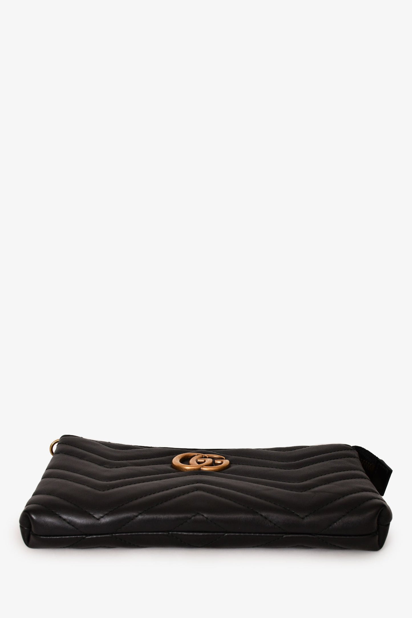 Gucci Black Diagonal Leather GG Marmont Zip Pouch with Chain
