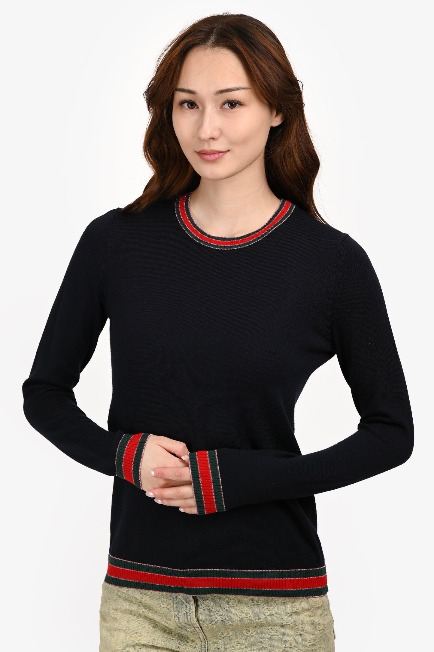 Gucci Navy Blue Wool Glitter Web Trim Sweater Size M