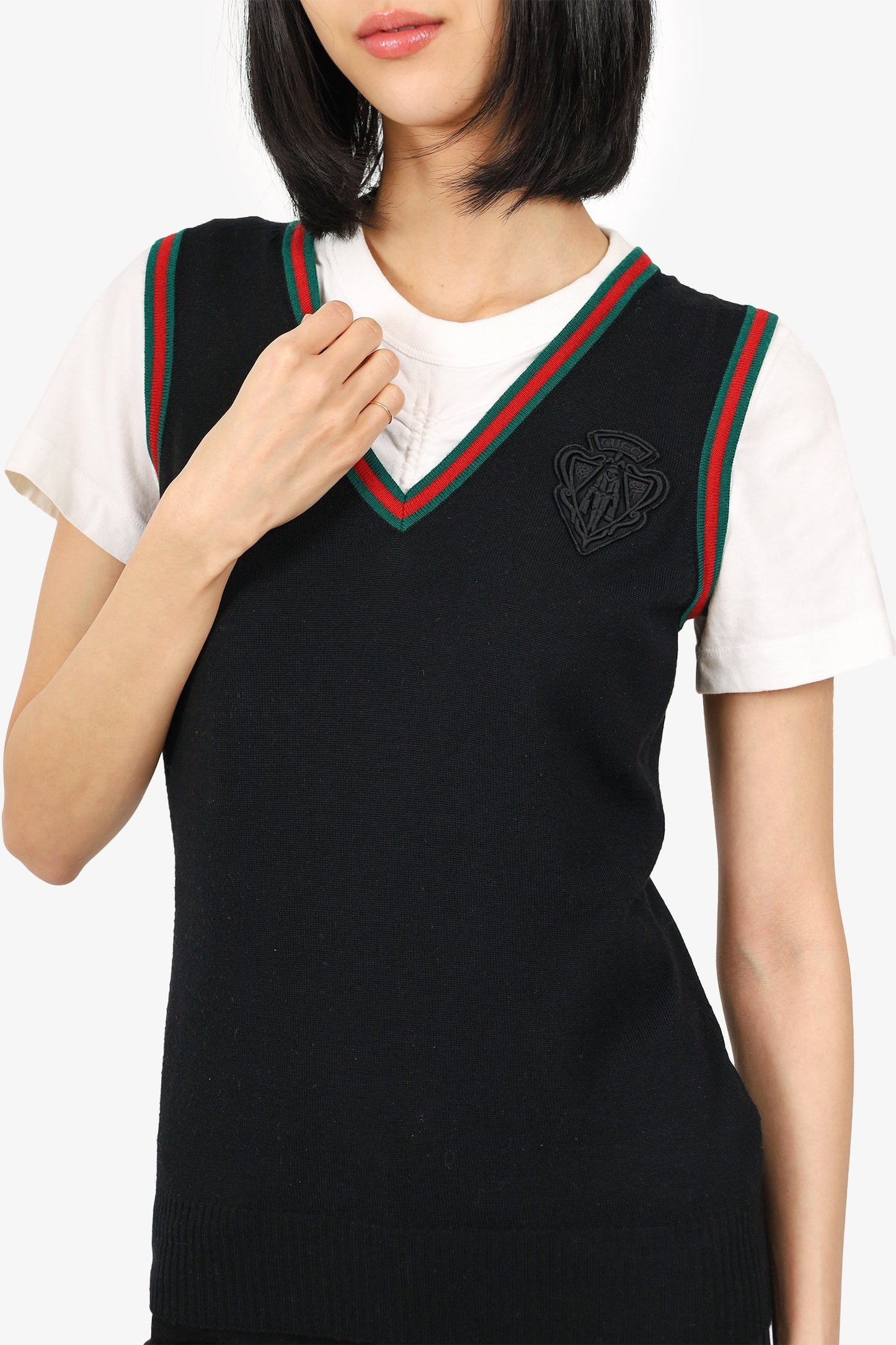 Gucci Black/Web Wool V-Neck Gucci Badge Vest Size Small