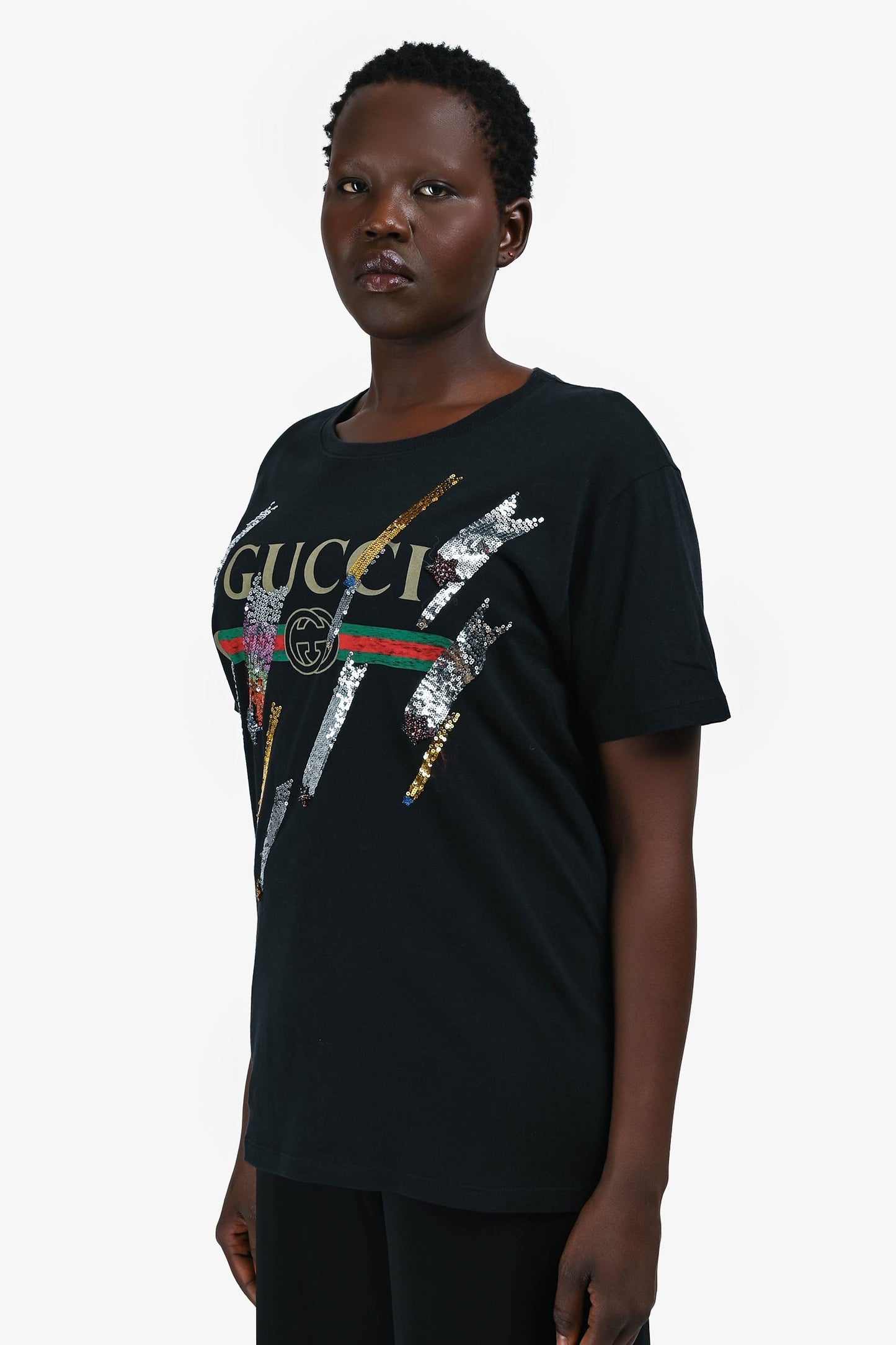 Gucci Black Logo Sequin T-Shirt Estimated Size M
