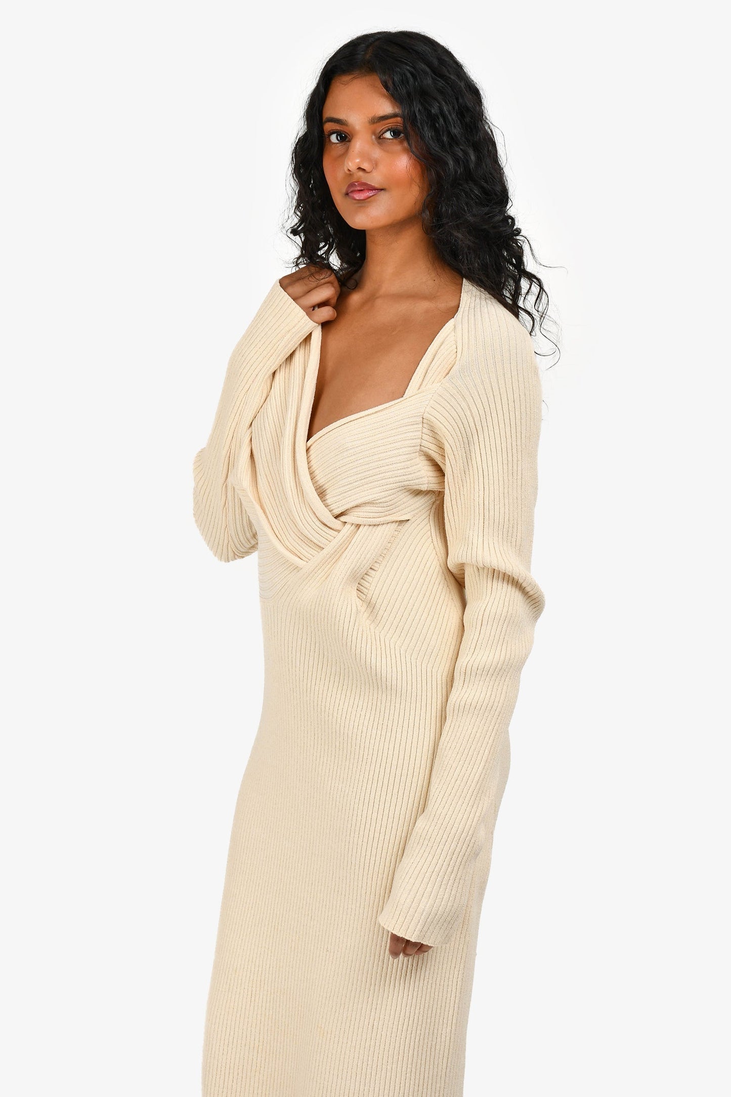 Bottega Veneta Pre-Spring 2020 Cream Crisscross Detailed Long Sleeve Midi Dress Size 38