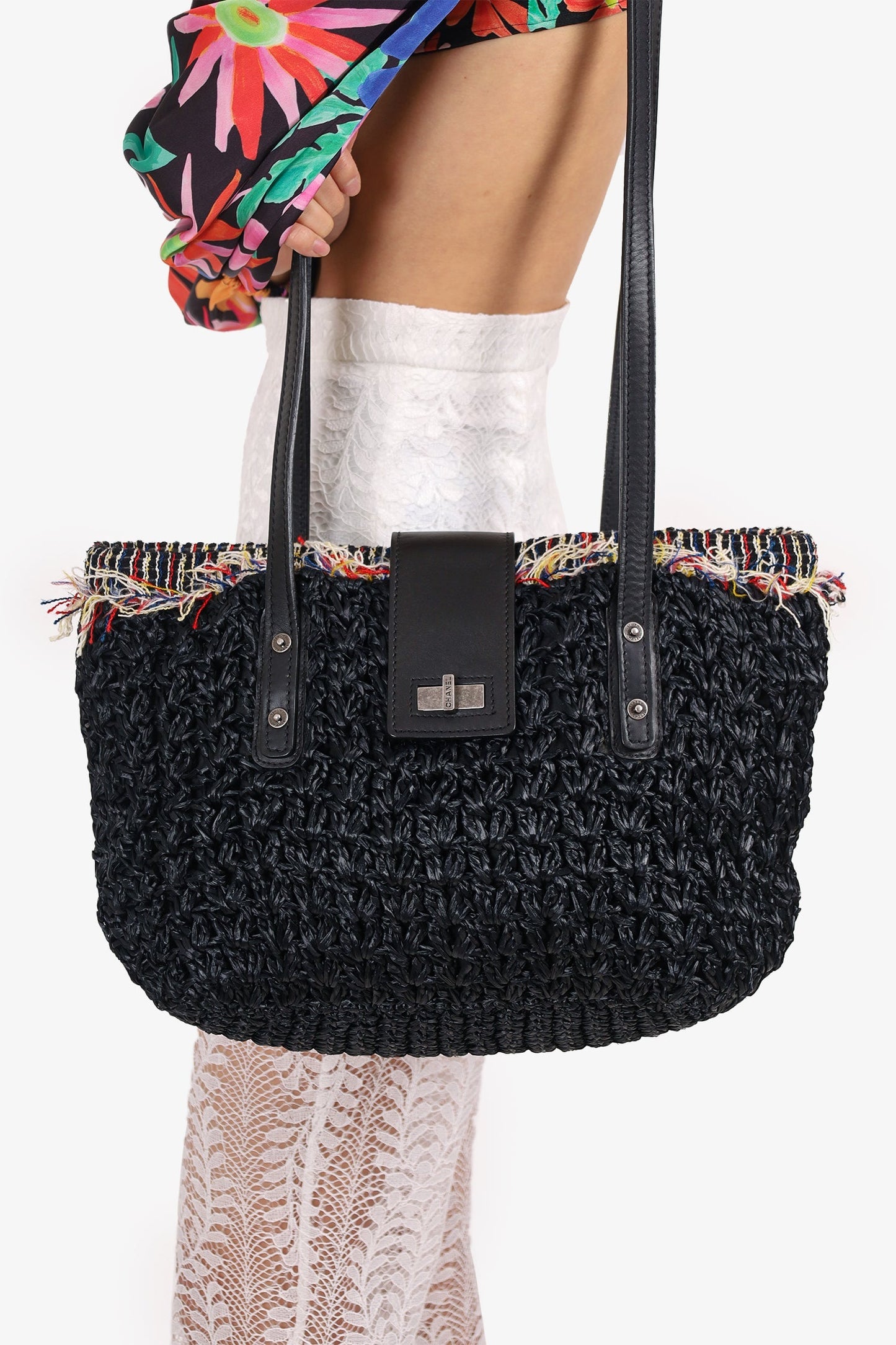 Pre-Loved Chanel™ 2010-11 Black Straw Tweed 255 Tote Bag